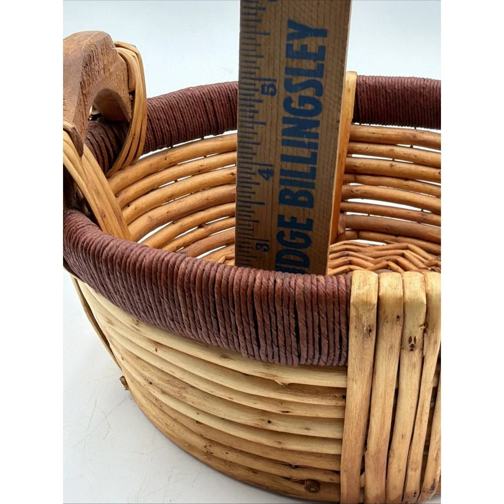 Vintage Gathering Basket Split Reed Jute Log Wood Handles Folk Art Rustic